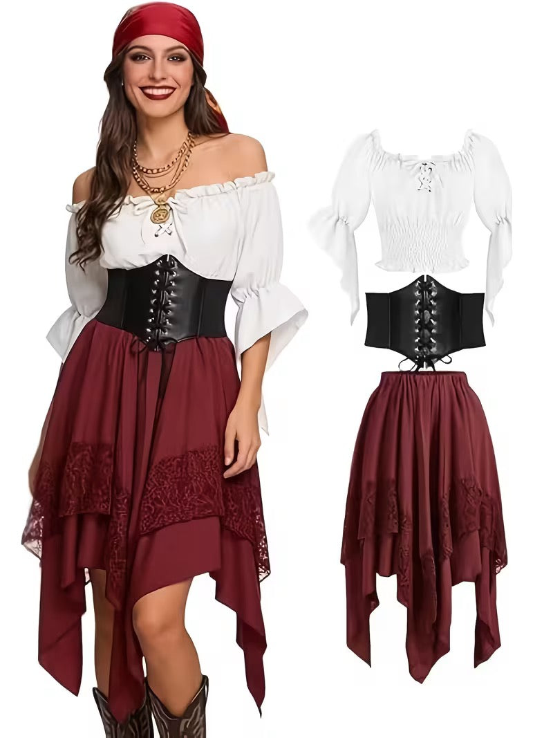 Halloween renessansekjole med blonder og asymmetrisk piratdesign – burgundy