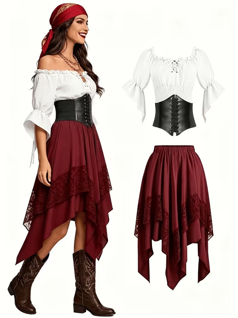 Halloween renessansekjole med blonder og asymmetrisk piratdesign – burgundy