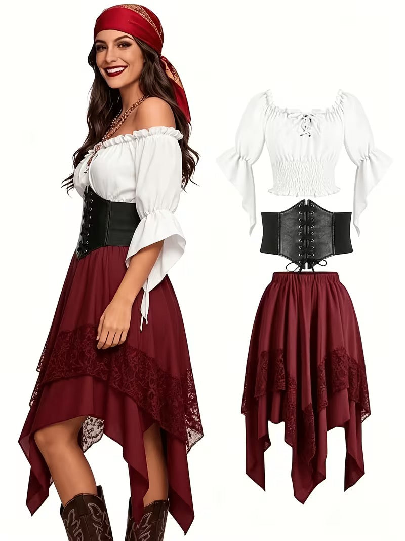 Halloween renessansekjole med blonder og asymmetrisk piratdesign – burgundy