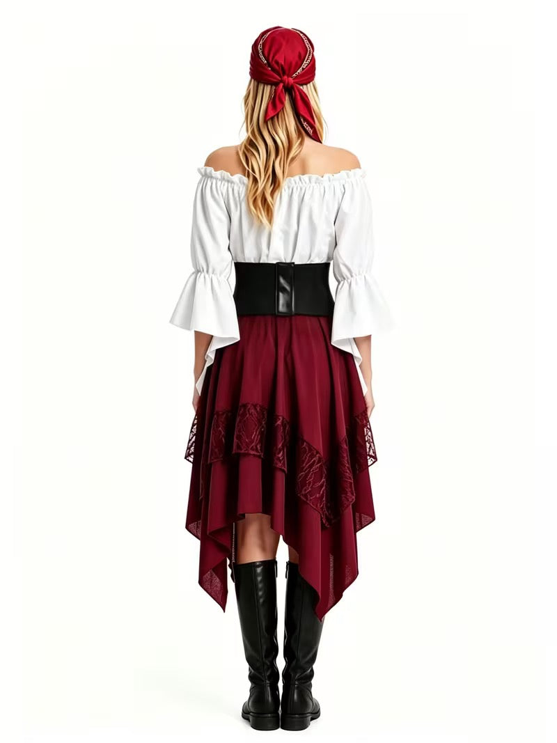 Halloween renessansekjole med blonder og asymmetrisk piratdesign – burgundy