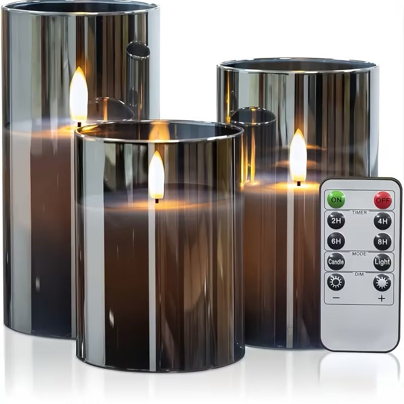 3-pack flammefrie LED-lys med fjernkontroll – 8 modi, grå, til innendørs dekor
