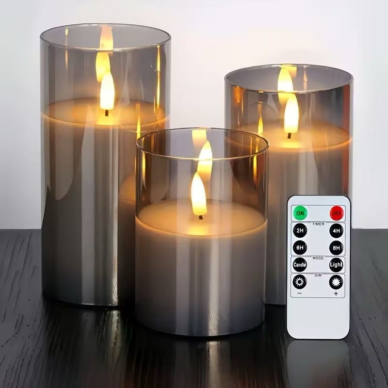 3-pack flammefrie LED-lys med fjernkontroll – 8 modi, grå, til innendørs dekor