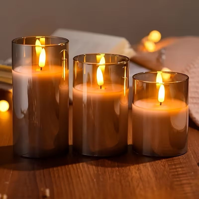 3-pack flammefrie LED-lys med fjernkontroll – 8 modi, grå, til innendørs dekor