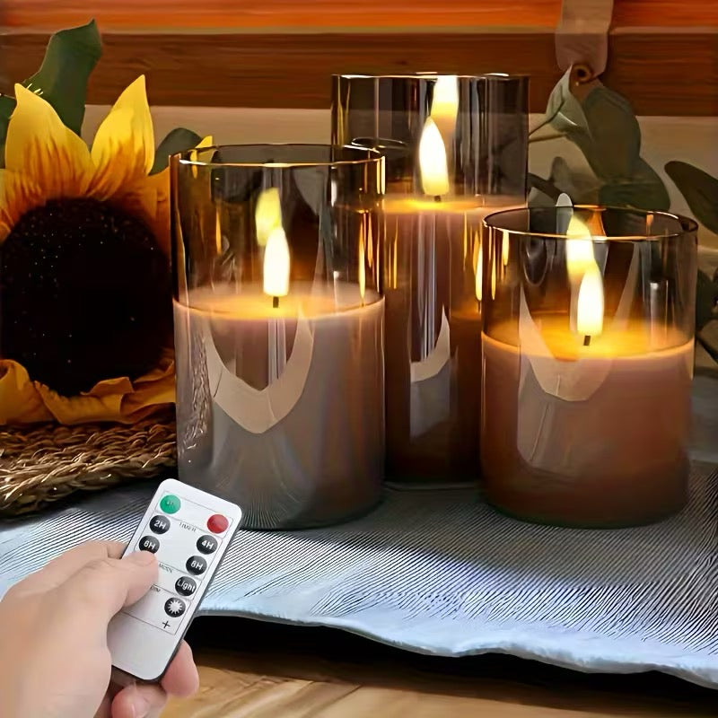 3-pack flammefrie LED-lys med fjernkontroll – 8 modi, grå, til innendørs dekor