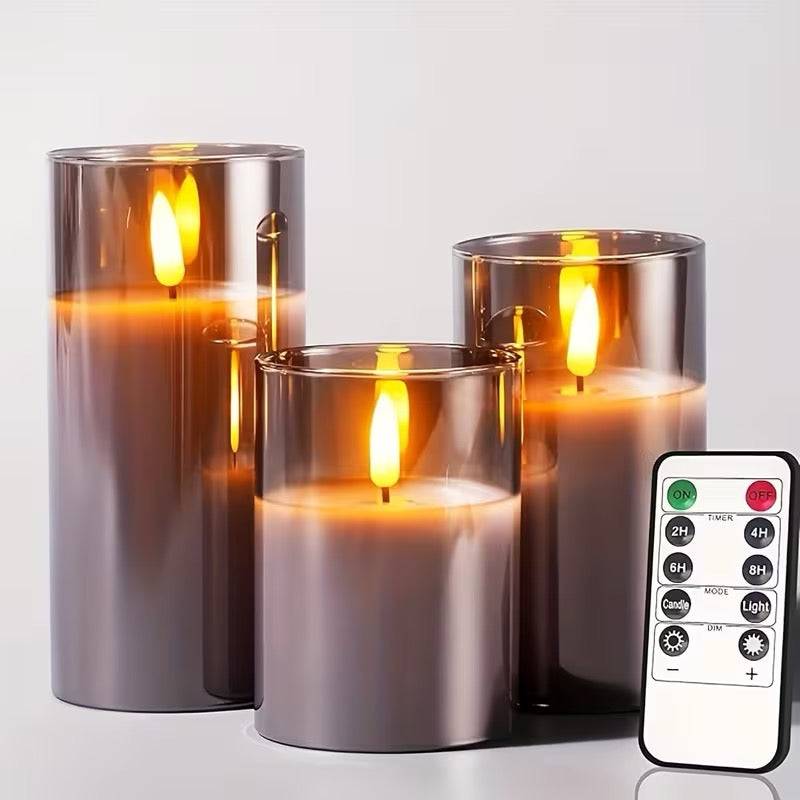 3-pack flammefrie LED-lys med fjernkontroll – 8 modi, grå, til innendørs dekor